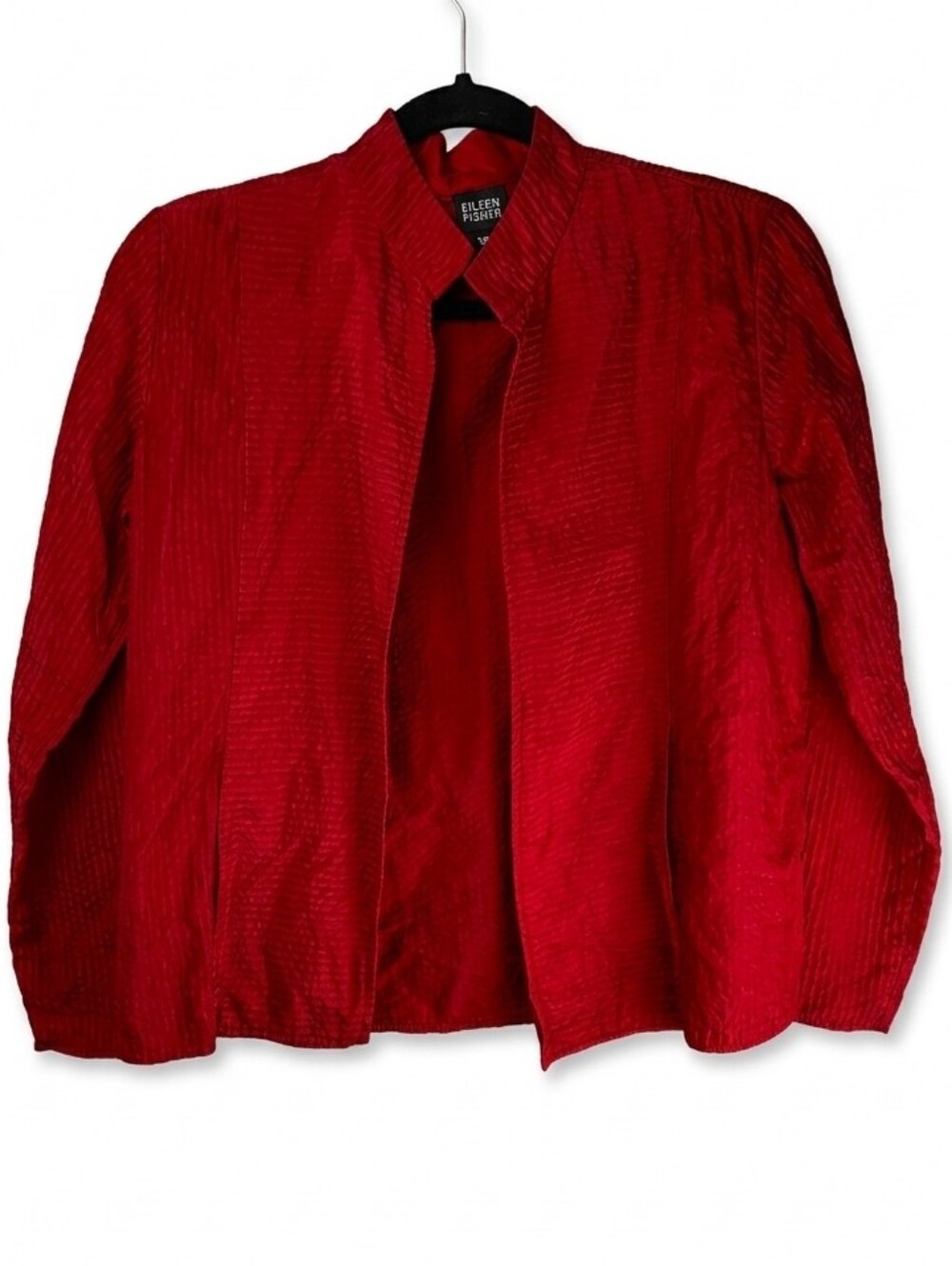 Eileen Fisher 100% Silk Ribbed Textured Open Front Long Sleeve Red Jacket Small